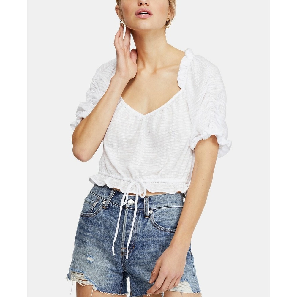 Free People Dorothy White Textured Puff Sleeve Tie Front Crop Top Small